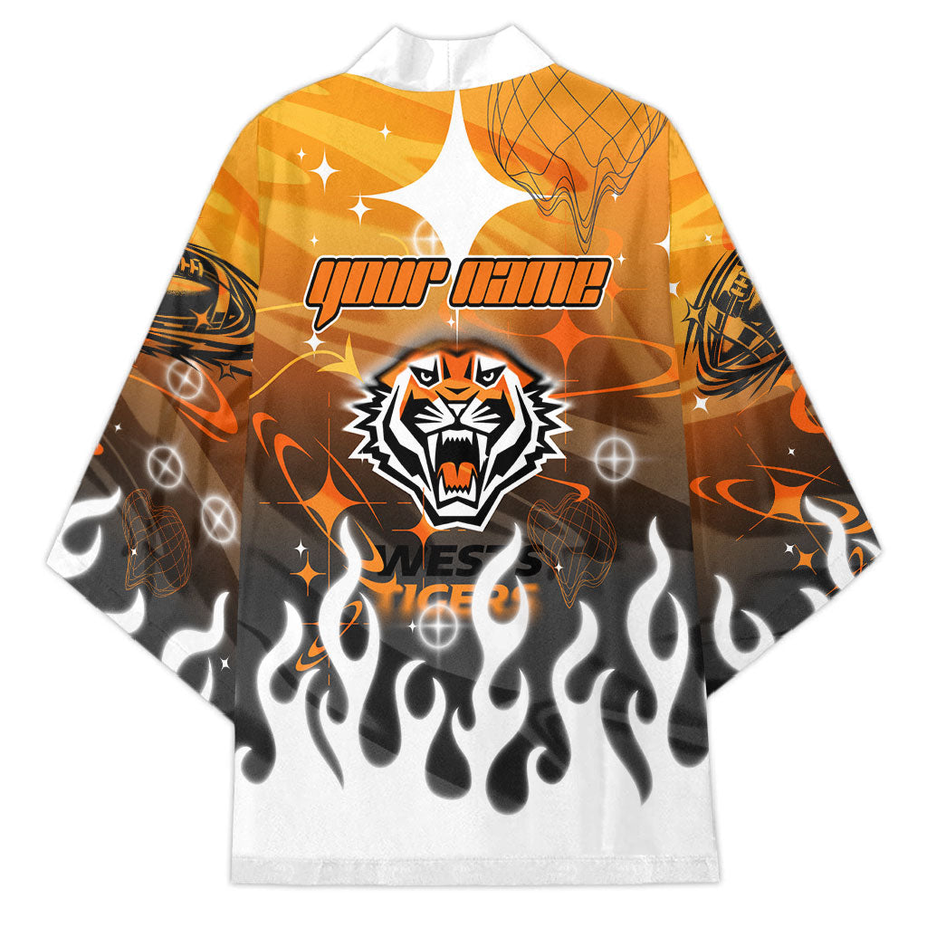 Personalized Wests Tigers Kimono Y2K Grunge Aesthetic With Cyber Flames and Starburst Graphics