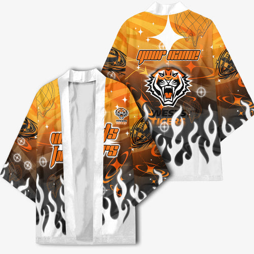 Personalized Wests Tigers Kimono Y2K Grunge Aesthetic With Cyber Flames and Starburst Graphics