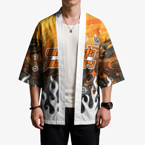 Personalized Wests Tigers Kimono Y2K Grunge Aesthetic With Cyber Flames and Starburst Graphics