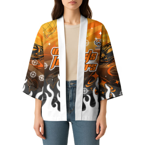 Personalized Wests Tigers Kimono Y2K Grunge Aesthetic With Cyber Flames and Starburst Graphics