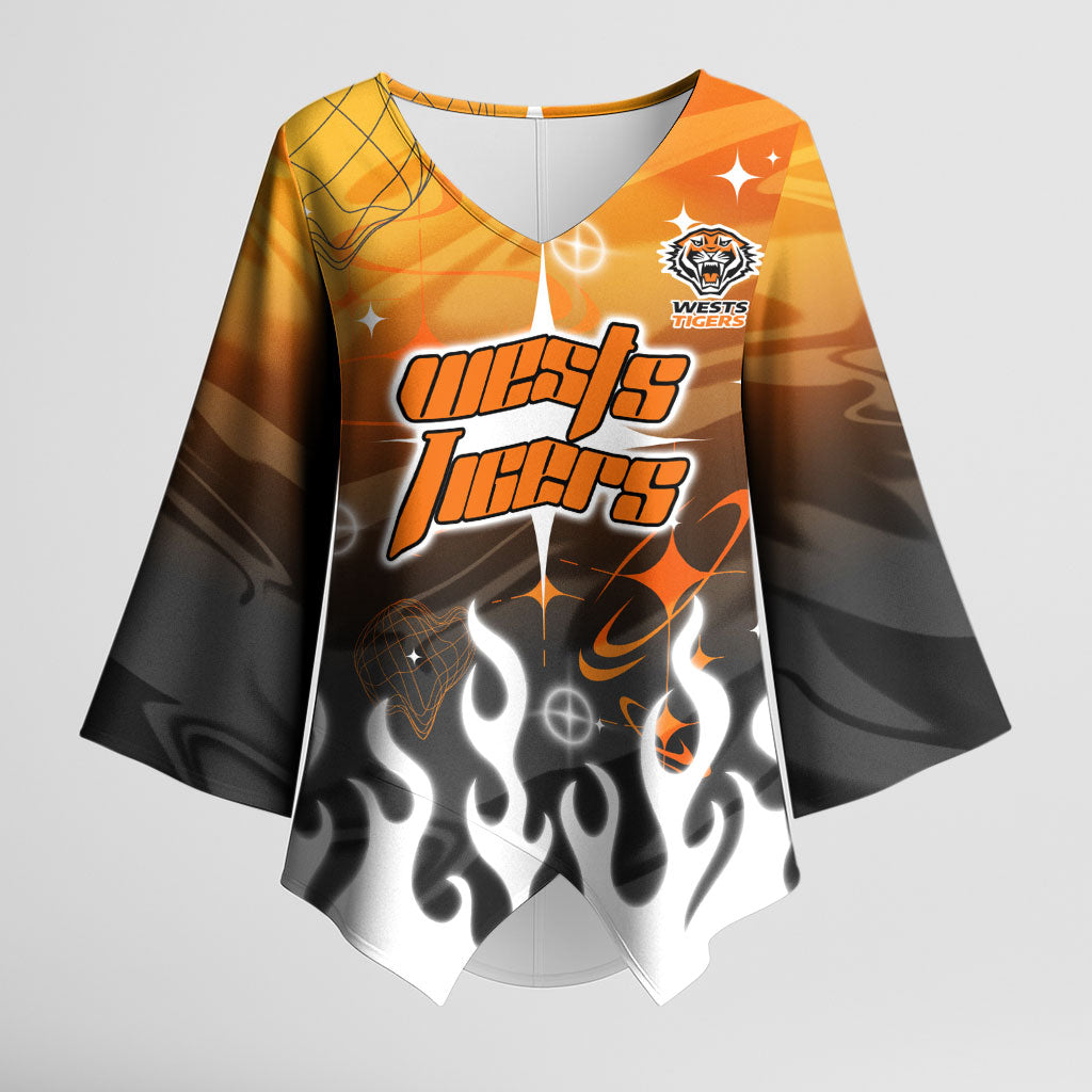 Personalized Wests Tigers Kimono Sleeve Blouse Y2K Grunge Aesthetic With Cyber Flames and Starburst Graphics