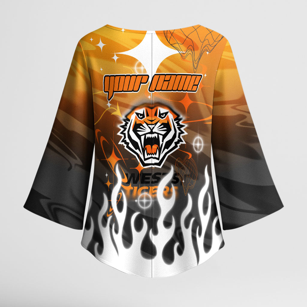 Personalized Wests Tigers Kimono Sleeve Blouse Y2K Grunge Aesthetic With Cyber Flames and Starburst Graphics