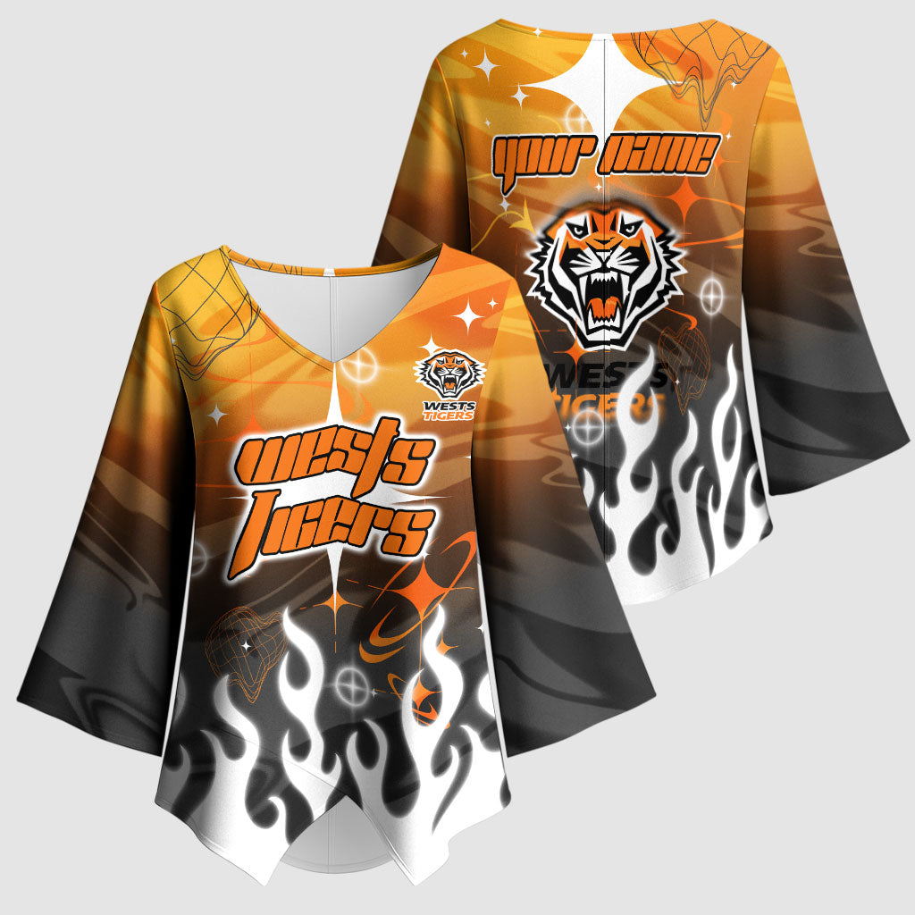 Personalized Wests Tigers Kimono Sleeve Blouse Y2K Grunge Aesthetic With Cyber Flames and Starburst Graphics