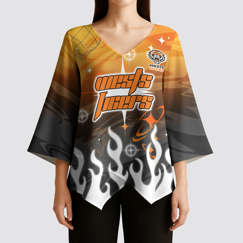 Personalized Wests Tigers Kimono Sleeve Blouse Y2K Grunge Aesthetic With Cyber Flames and Starburst Graphics