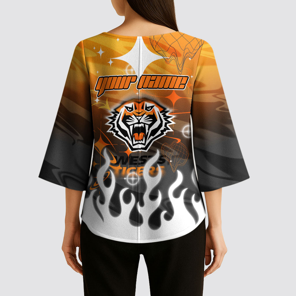 Personalized Wests Tigers Kimono Sleeve Blouse Y2K Grunge Aesthetic With Cyber Flames and Starburst Graphics