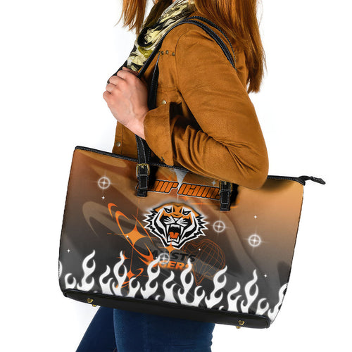 Personalized Wests Tigers Leather Tote Bag Y2K Grunge Aesthetic With Cyber Flames and Starburst Graphics
