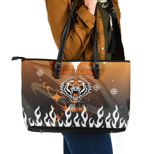 Personalized Wests Tigers Leather Tote Bag Y2K Grunge Aesthetic With Cyber Flames and Starburst Graphics