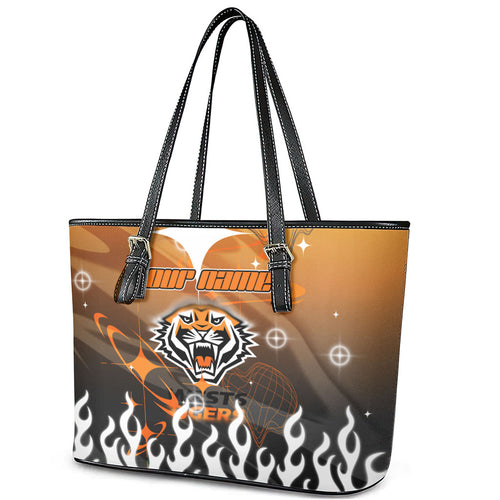 Personalized Wests Tigers Leather Tote Bag Y2K Grunge Aesthetic With Cyber Flames and Starburst Graphics