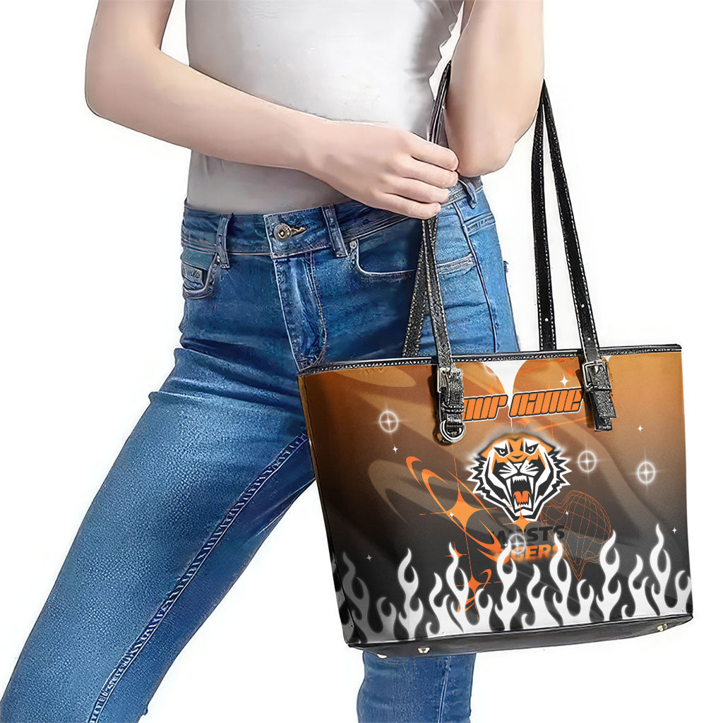 Personalized Wests Tigers Leather Tote Bag Y2K Grunge Aesthetic With Cyber Flames and Starburst Graphics