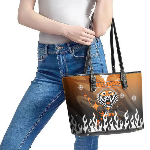 Personalized Wests Tigers Leather Tote Bag Y2K Grunge Aesthetic With Cyber Flames and Starburst Graphics
