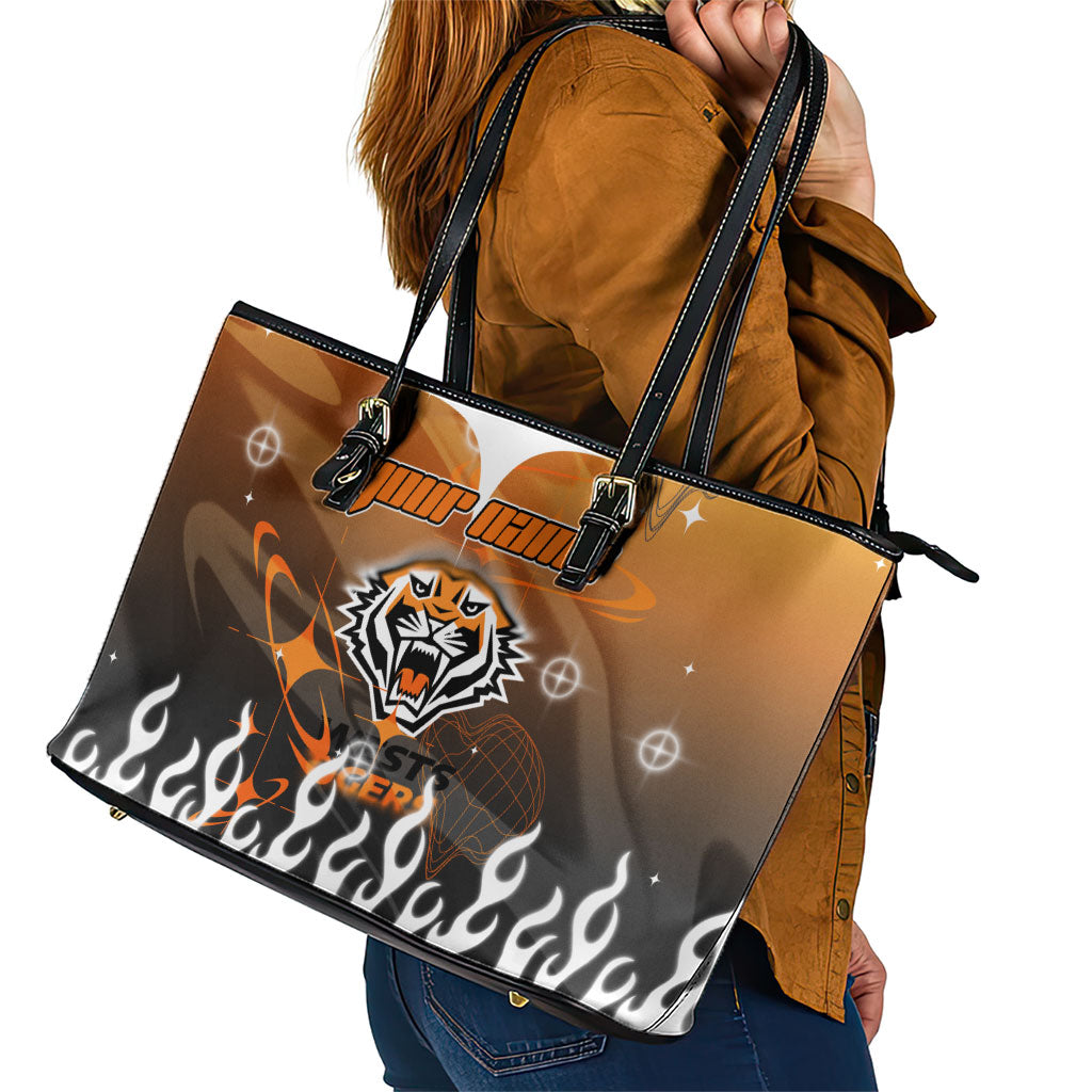 Personalized Wests Tigers Leather Tote Bag Y2K Grunge Aesthetic With Cyber Flames and Starburst Graphics