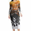 Personalized Wests Tigers Long Sleeve Bodycon Dress Y2K Grunge Aesthetic With Cyber Flames and Starburst Graphics