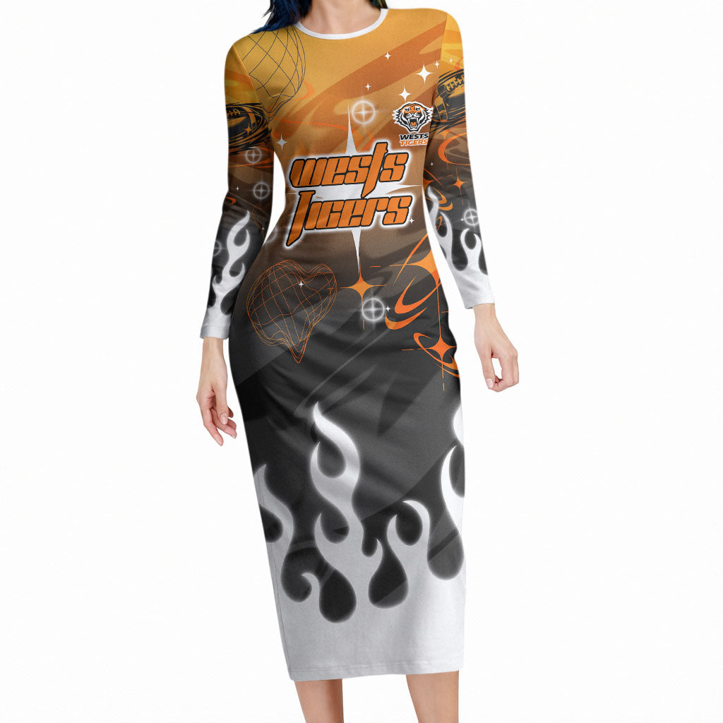 Personalized Wests Tigers Long Sleeve Bodycon Dress Y2K Grunge Aesthetic With Cyber Flames and Starburst Graphics