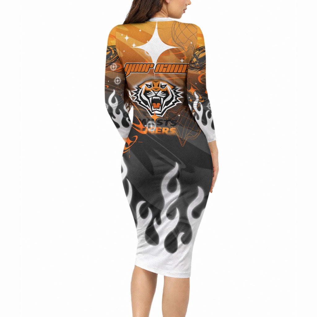 Personalized Wests Tigers Long Sleeve Bodycon Dress Y2K Grunge Aesthetic With Cyber Flames and Starburst Graphics