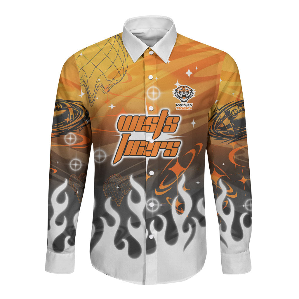 Personalized Wests Tigers Long Sleeve Button Shirt Y2K Grunge Aesthetic With Cyber Flames and Starburst Graphics