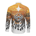 Personalized Wests Tigers Long Sleeve Button Shirt Y2K Grunge Aesthetic With Cyber Flames and Starburst Graphics