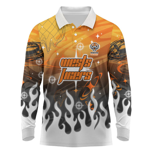 Personalized Wests Tigers Long Sleeve Polo Shirt Y2K Grunge Aesthetic With Cyber Flames and Starburst Graphics