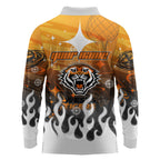 Personalized Wests Tigers Long Sleeve Polo Shirt Y2K Grunge Aesthetic With Cyber Flames and Starburst Graphics