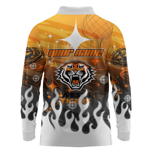 Personalized Wests Tigers Long Sleeve Polo Shirt Y2K Grunge Aesthetic With Cyber Flames and Starburst Graphics