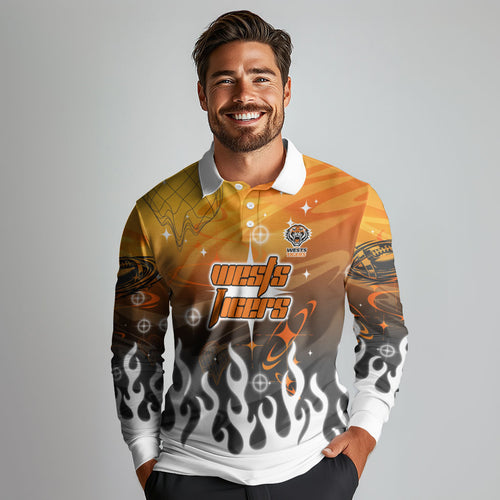 Personalized Wests Tigers Long Sleeve Polo Shirt Y2K Grunge Aesthetic With Cyber Flames and Starburst Graphics