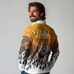 Personalized Wests Tigers Long Sleeve Polo Shirt Y2K Grunge Aesthetic With Cyber Flames and Starburst Graphics