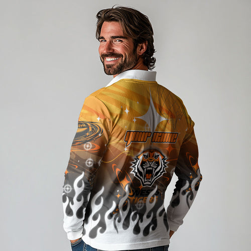 Personalized Wests Tigers Long Sleeve Polo Shirt Y2K Grunge Aesthetic With Cyber Flames and Starburst Graphics