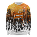 Personalized Wests Tigers Long Sleeve Shirt Y2K Grunge Aesthetic With Cyber Flames and Starburst Graphics