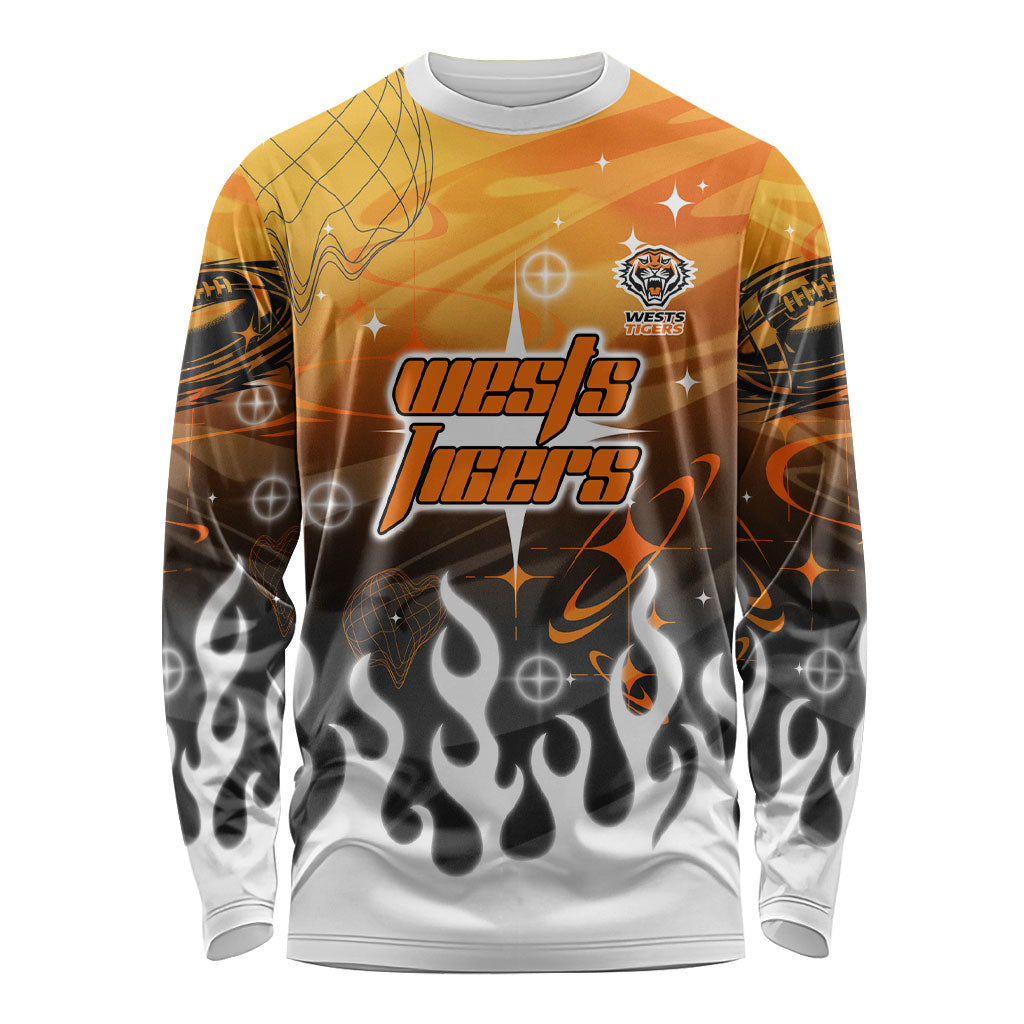 Personalized Wests Tigers Long Sleeve Shirt Y2K Grunge Aesthetic With Cyber Flames and Starburst Graphics