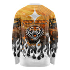 Personalized Wests Tigers Long Sleeve Shirt Y2K Grunge Aesthetic With Cyber Flames and Starburst Graphics