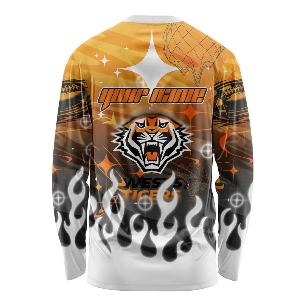 Personalized Wests Tigers Long Sleeve Shirt Y2K Grunge Aesthetic With Cyber Flames and Starburst Graphics