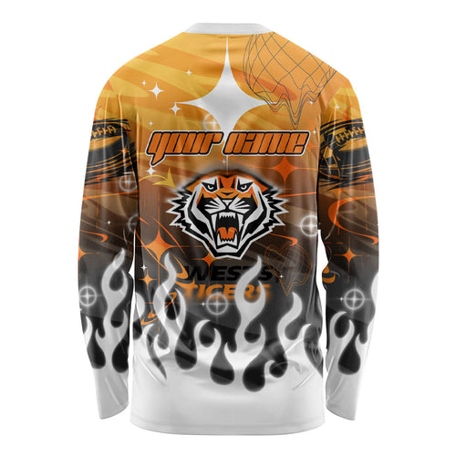 Personalized Wests Tigers Long Sleeve Shirt Y2K Grunge Aesthetic With Cyber Flames and Starburst Graphics