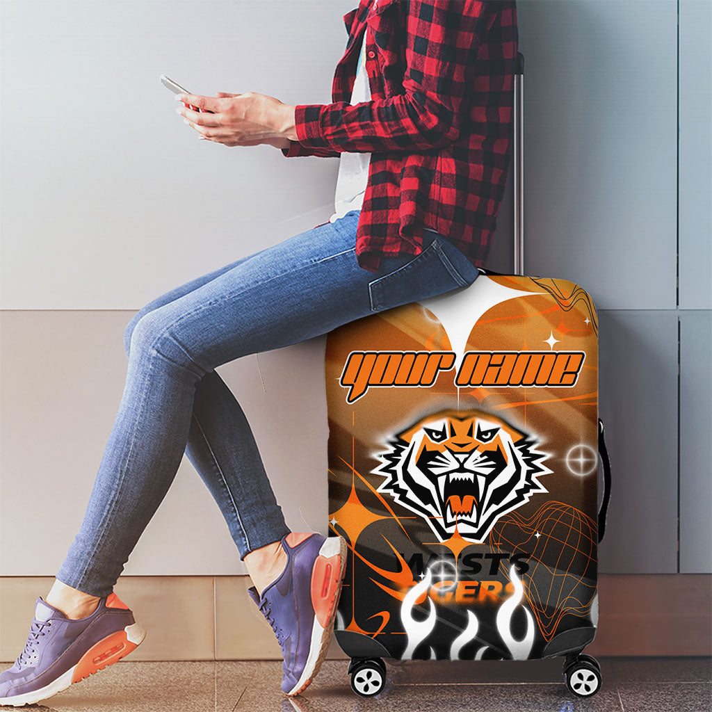 Personalized Wests Tigers Luggage Cover Y2K Grunge Aesthetic With Cyber Flames and Starburst Graphics