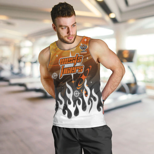 Personalized Wests Tigers Men Tank Top Y2K Grunge Aesthetic With Cyber Flames and Starburst Graphics
