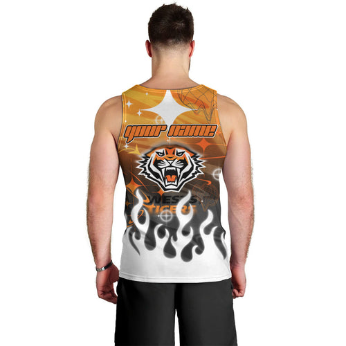 Personalized Wests Tigers Men Tank Top Y2K Grunge Aesthetic With Cyber Flames and Starburst Graphics