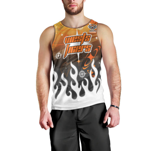 Personalized Wests Tigers Men Tank Top Y2K Grunge Aesthetic With Cyber Flames and Starburst Graphics