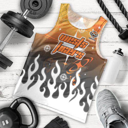 Personalized Wests Tigers Men Tank Top Y2K Grunge Aesthetic With Cyber Flames and Starburst Graphics