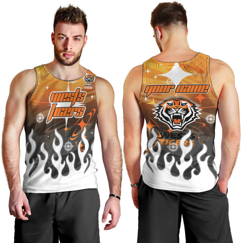 Personalized Wests Tigers Men Tank Top Y2K Grunge Aesthetic With Cyber Flames and Starburst Graphics