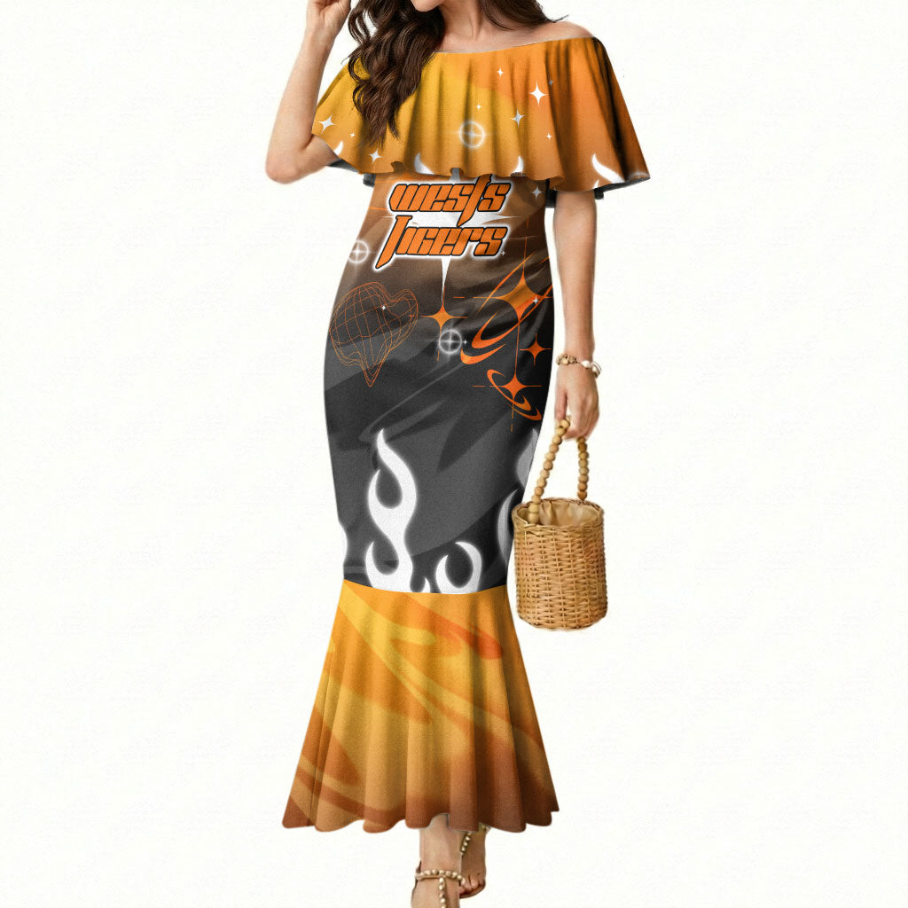 Personalized Wests Tigers Mermaid Dress Y2K Grunge Aesthetic With Cyber Flames and Starburst Graphics