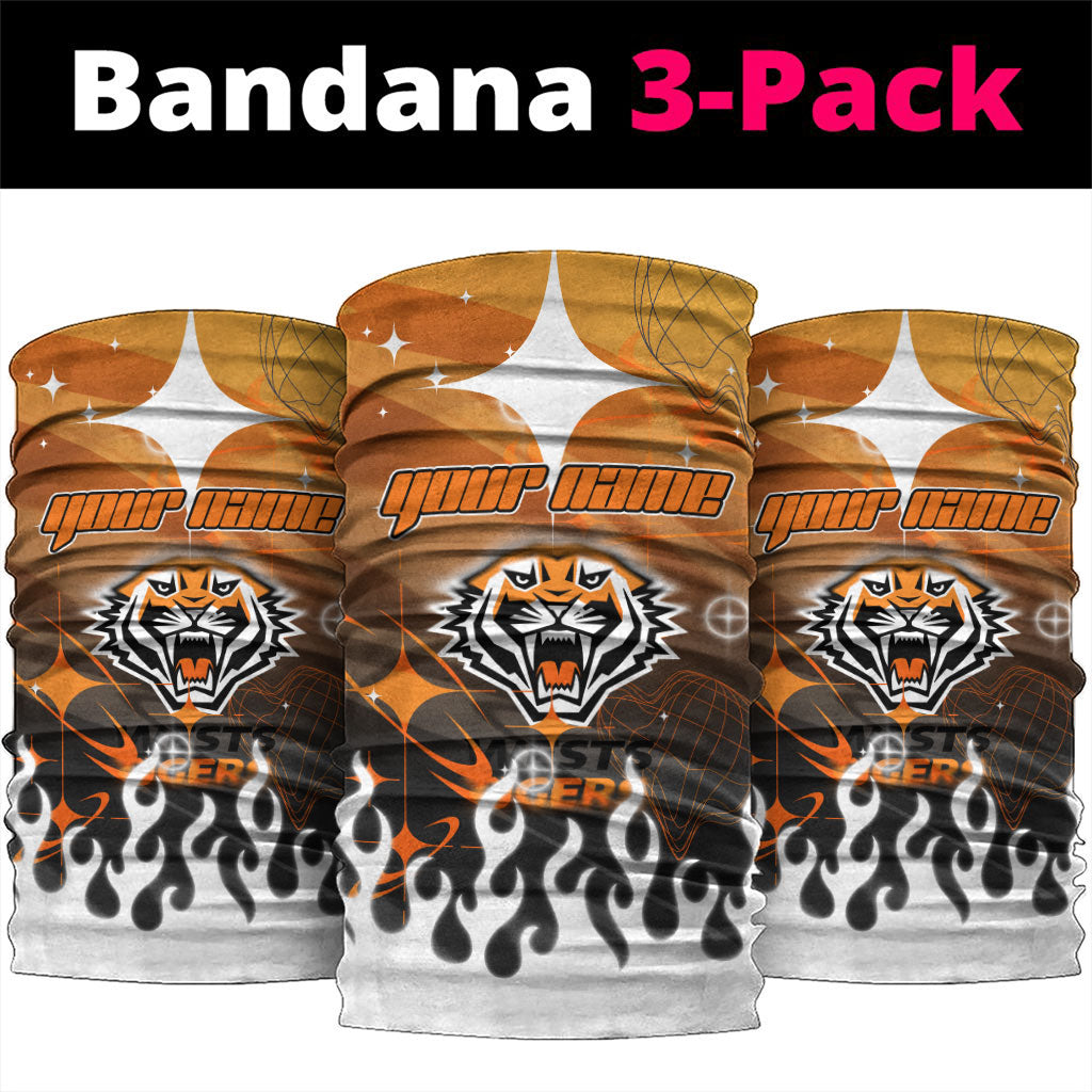 Personalized Wests Tigers Neck Gaiter Y2K Grunge Aesthetic With Cyber Flames and Starburst Graphics