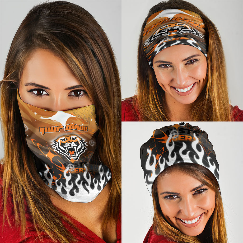 Personalized Wests Tigers Neck Gaiter Y2K Grunge Aesthetic With Cyber Flames and Starburst Graphics
