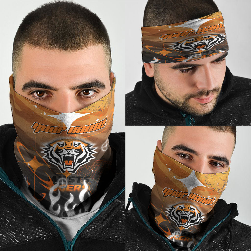Personalized Wests Tigers Neck Gaiter Y2K Grunge Aesthetic With Cyber Flames and Starburst Graphics