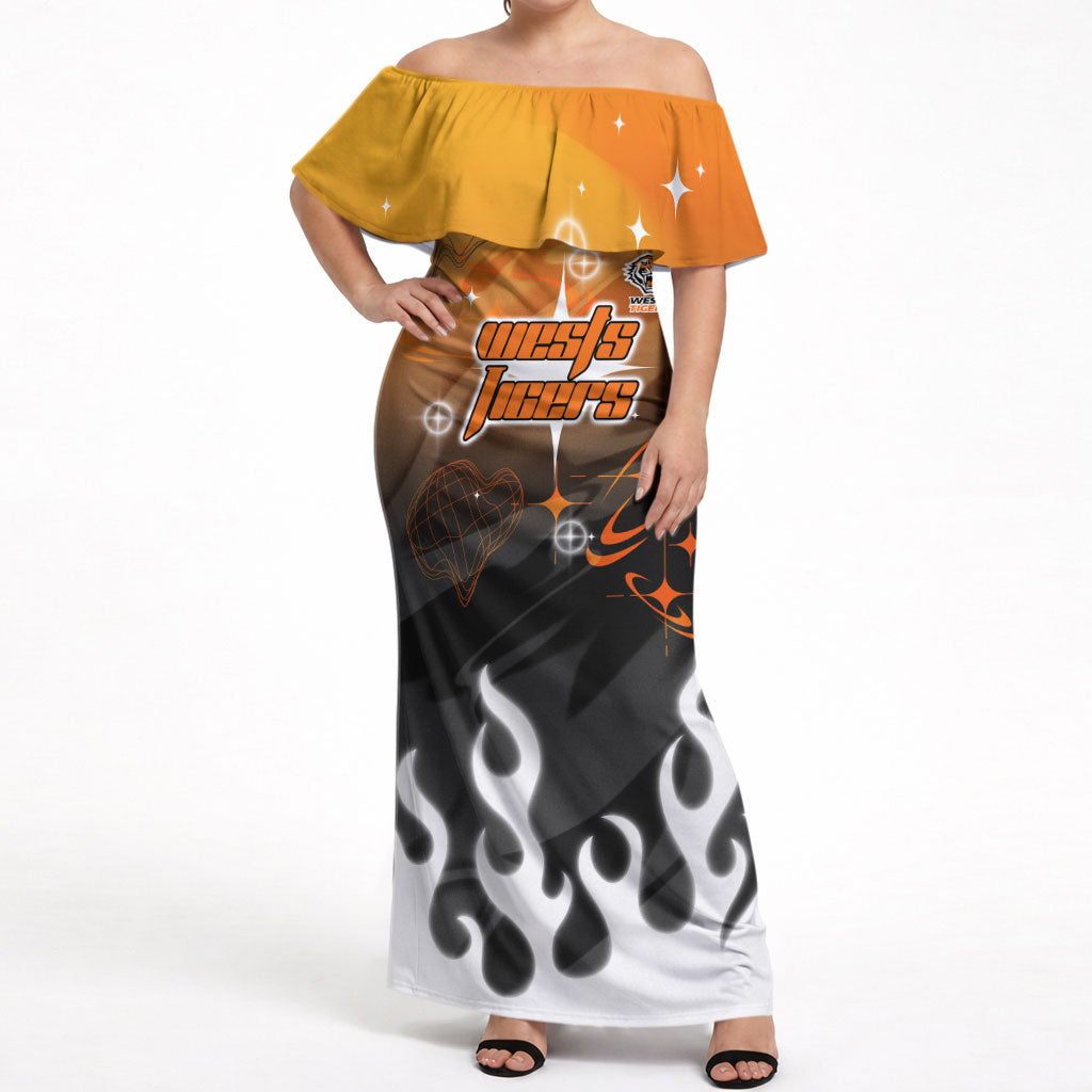 Personalized Wests Tigers Off Shoulder Maxi Dress Y2K Grunge Aesthetic With Cyber Flames and Starburst Graphics