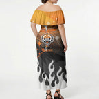 Personalized Wests Tigers Off Shoulder Maxi Dress Y2K Grunge Aesthetic With Cyber Flames and Starburst Graphics