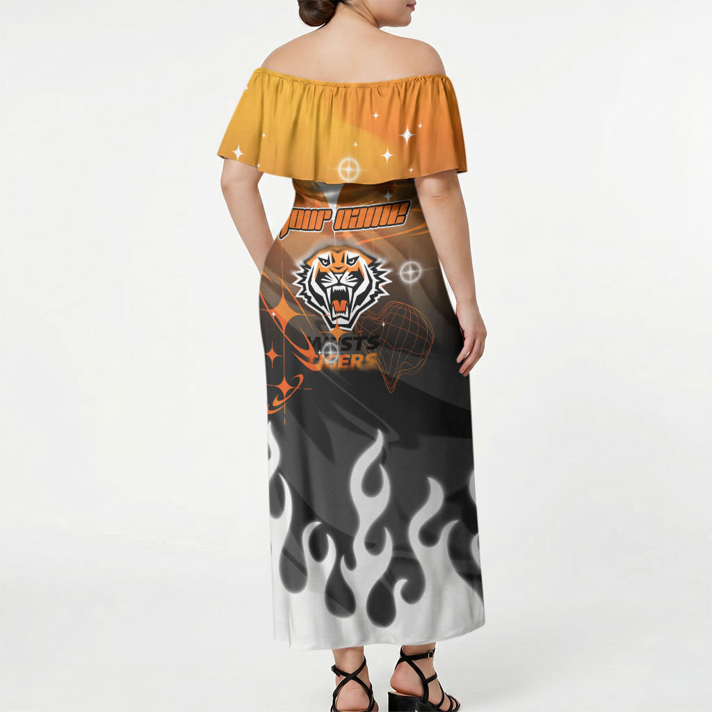 Personalized Wests Tigers Off Shoulder Maxi Dress Y2K Grunge Aesthetic With Cyber Flames and Starburst Graphics