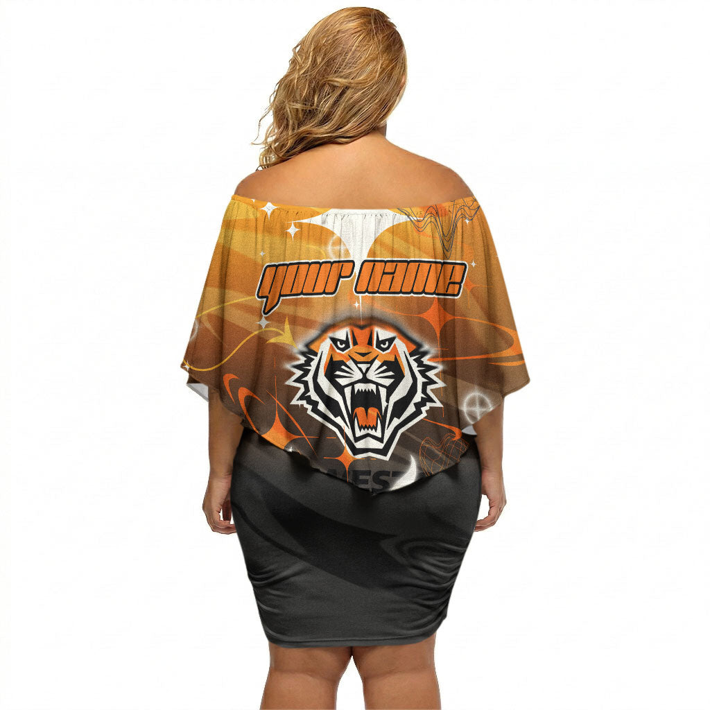Personalized Wests Tigers Off Shoulder Short Dress Y2K Grunge Aesthetic With Cyber Flames and Starburst Graphics