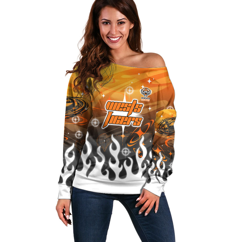 Personalized Wests Tigers Off Shoulder Sweater Y2K Grunge Aesthetic With Cyber Flames and Starburst Graphics
