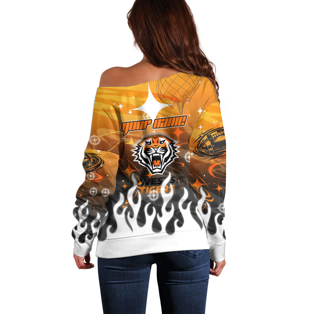 Personalized Wests Tigers Off Shoulder Sweater Y2K Grunge Aesthetic With Cyber Flames and Starburst Graphics
