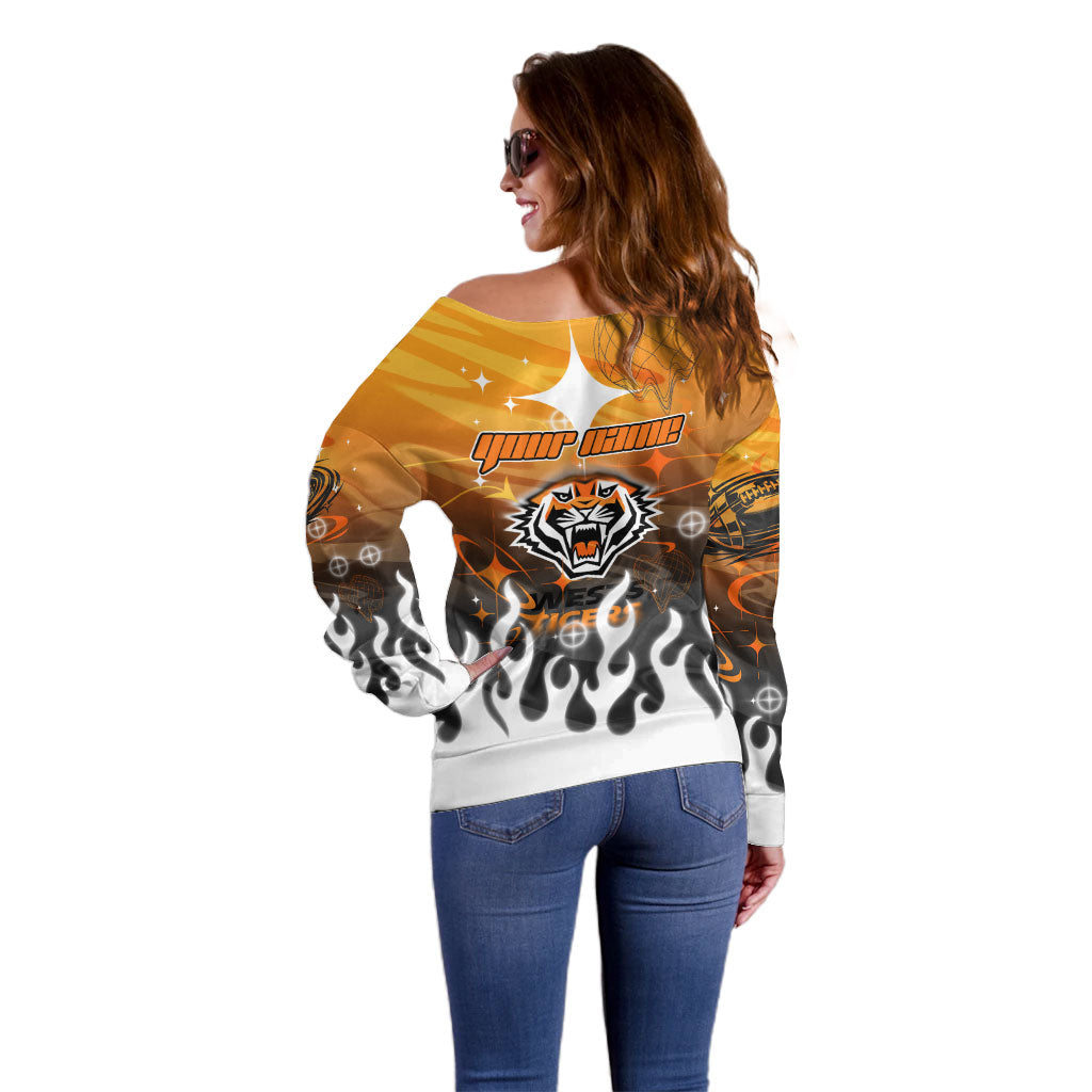 Personalized Wests Tigers Off Shoulder Sweater Y2K Grunge Aesthetic With Cyber Flames and Starburst Graphics