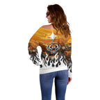 Personalized Wests Tigers Off Shoulder Sweater Y2K Grunge Aesthetic With Cyber Flames and Starburst Graphics