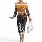 Personalized Wests Tigers Off The Shoulder Long Sleeve Dress Y2K Grunge Aesthetic With Cyber Flames and Starburst Graphics